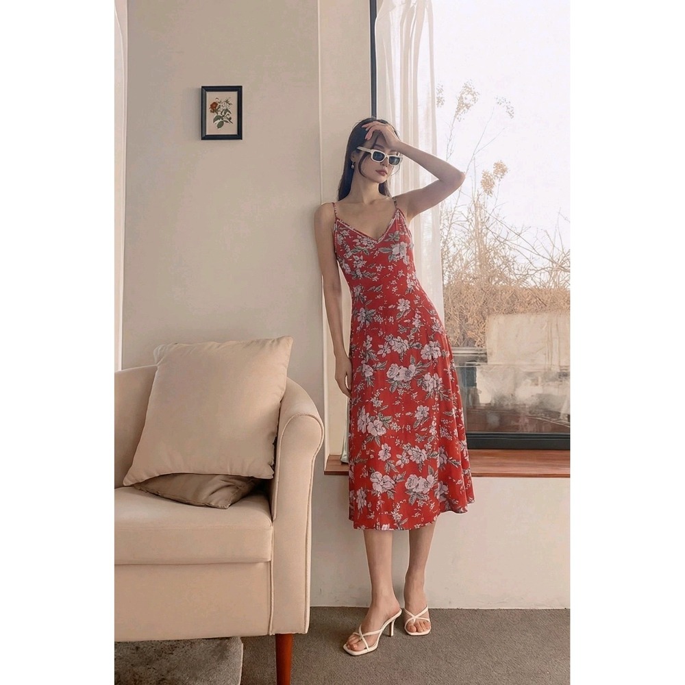 Lulu's Red Floral A-line Dress Size M  Strappy Fit And Flare Coquette Romantic